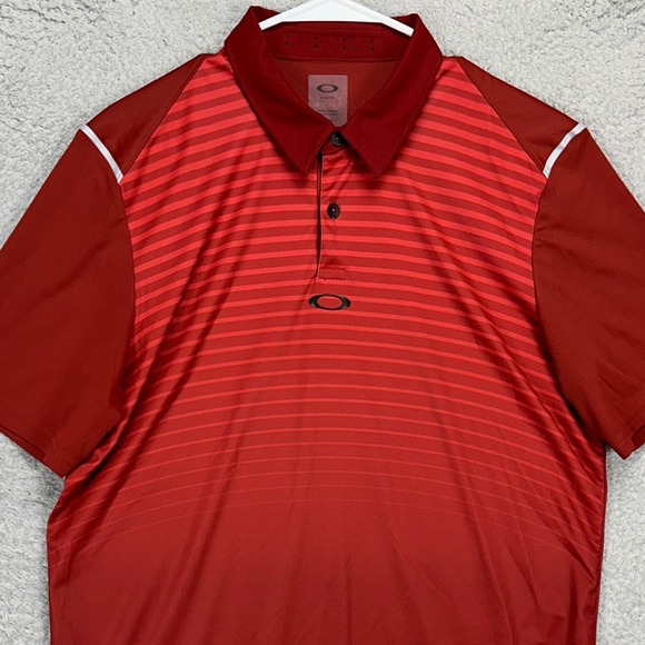 Oakley Adult Mens Golf Polo Shirt Medium Red Ombre Stripes Regular Fit Rugby